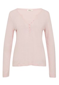 Lichtroze lange mouwen top met een V-hals en een placket met drie knopen. Gemaakt van een zachte stof met een licht gestructureerd oppervlak.