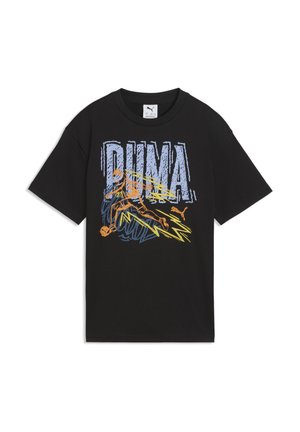 Sort Puma T-shirt med grafik af en basketballspiller, der dribler, og gule lyn under spilleren, design i blå, orange og gul.