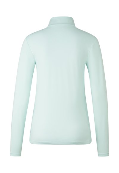 Langarm-Poloshirt in sanftem Mintgrün aus glattem, elastischem Stoff mit Kragen und minimaler Nahtverarbeitung.