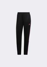 Pantaloni sportivi neri con strisce laterali viola e logo Adidas sulla coscia, dotati di vita elasticizzata e gambe a cono.