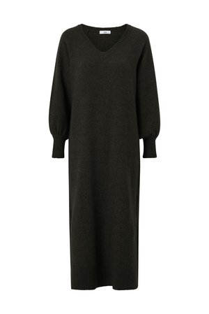 Dark gray knitted dress with a V-neck, long puff sleeves, and ribbed cuffs and hem. Soft texture and knee-length design.