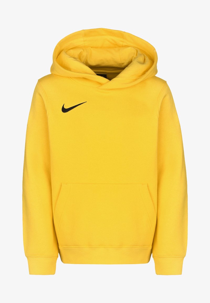 Felpa gialla con cappuccio realizzata in cotone, dotata di tasca frontale e logo Nike nero sul lato sinistro del petto. Morbida al tatto, con polsini a costine.