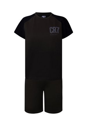 Schwarzes kurzärmeliges Rundhals-Top und passende Shorts mit "CR7 Nightwear" Logo auf der oberen linken Brust.
