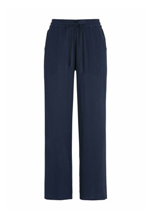 Pantalons large en bleu marine, avec une taille élastique et un cordon de serrage, dotés d'un tissu texturé et de deux poches latérales.