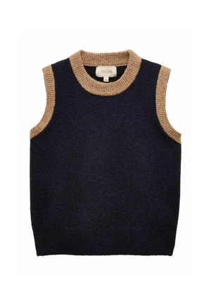 Marineblauw mouwloos gebreid vest met een beige geribde ronde hals en armsgaten, met een zachte textuur en een rechte zoom. Label zichtbaar aan de binnenkant.