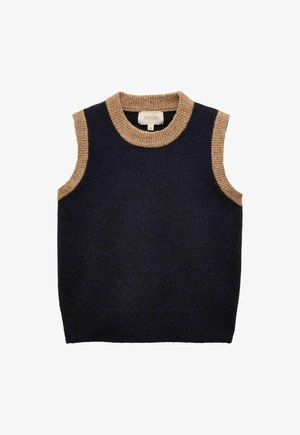 Marineblauw mouwloos gebreid vest met een beige geribde ronde hals en armsgaten, met een zachte textuur en een rechte zoom. Label zichtbaar aan de binnenkant.