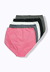 Quattro paia di mutande a vita alta a righe, nei colori rosa, nero, blu navy e bianco, con fasce elastiche e una trama liscia.