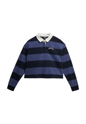 Cropped long-sleeve polo shirt in navy blue with light blue and dark blue horizontal stripes, white collar, and "Superdry" logo.