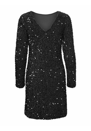 Robe noire à sequins avec manches longues, décolleté en V, surface texturée et silhouette ajustée, capturant la lumière grâce à ses sequins réfléchissants.