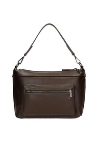 Borsa a tracolla in pelle marrone con superficie testurizzata, manico superiore e tasca anteriore con zip. Caratterizzata da accessori in argento e da un design pulito e moderno.