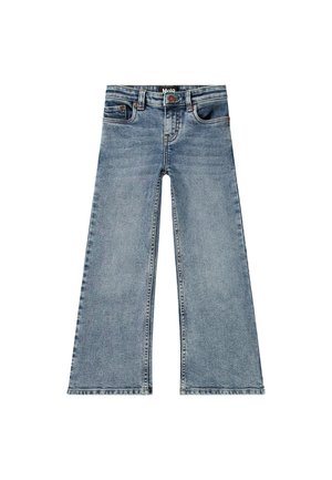 Jean en denim bleu coupe large, poches avant, fermeture par boutons et passants de ceinture, posé à plat sur un fond blanc.