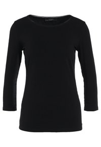 Schwarz langärmliges Shirt aus weichem Stoff. Verfügt über einen runden Ausschnitt und einen schlichten Schnitt, mit enganliegenden Ärmeln und einem geraden Saum.