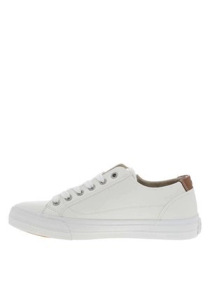 Low-top white sneaker with white laces, metal eyelets, rubber sole, and brown leather heel accent shown from the side on white background.
