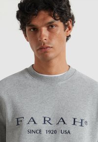 Grijze sweatshirt van een katoenen mengsel, met een geribbelde ronde hals en een marineblauwe geborduurde merkl logo met tekst. Soepele textuur, casual pasvorm.