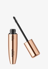 Rosa goldfarbener Mascara-Tubus mit glänzender Oberfläche, ausgestattet mit einem schwarzen, zugespitzten Applikator mit Borsten zur Verlängerung und Hervorhebung der Wimpern.