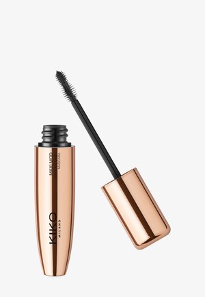 Rosa goldfarbener Mascara-Tubus mit glänzender Oberfläche, ausgestattet mit einem schwarzen, zugespitzten Applikator mit Borsten zur Verlängerung und Hervorhebung der Wimpern.