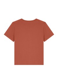 T-shirt en coton couleur rouille avec un col rond et des manches courtes, présentant un design uni et une coupe droite standard.