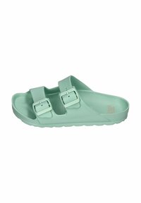Mint green sandals made of smooth plastic, featuring two adjustable buckled straps and a contoured footbed, with a textured sole for grip.