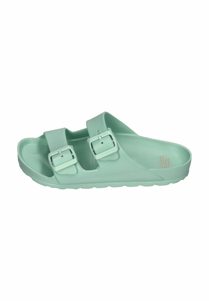 Mint green sandals made of smooth plastic, featuring two adjustable buckled straps and a contoured footbed, with a textured sole for grip.