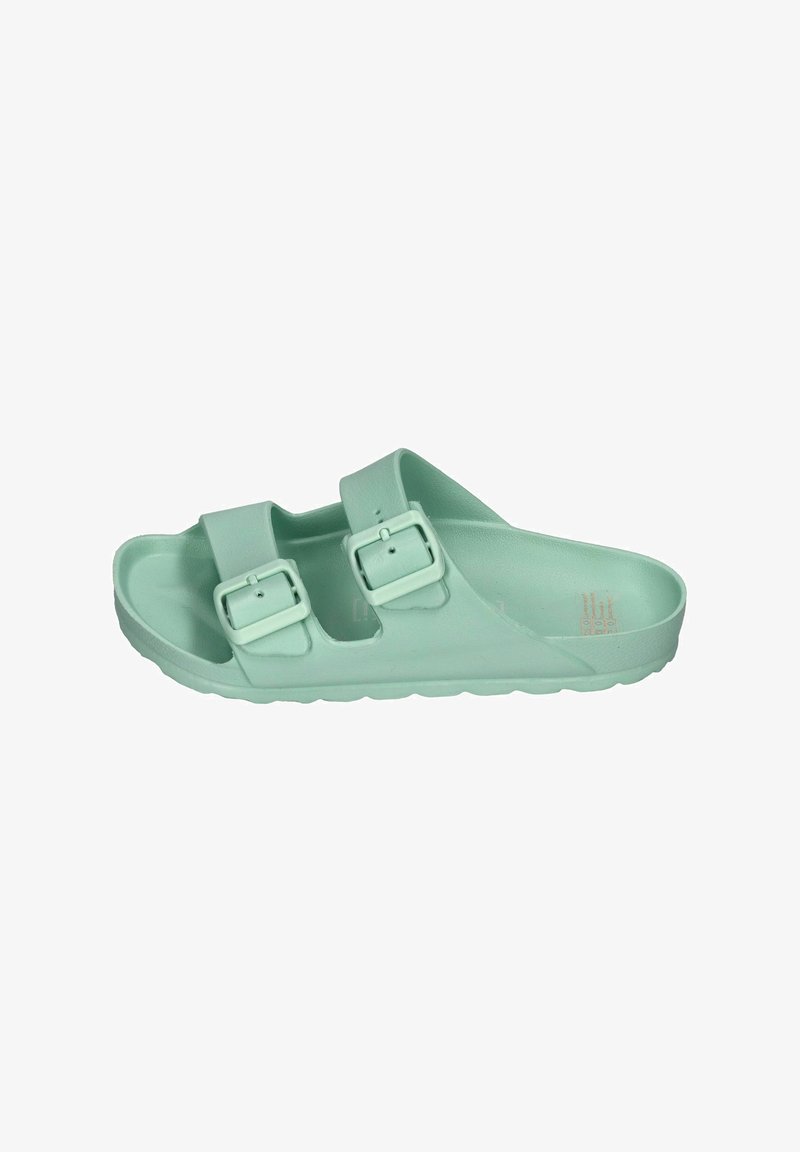Mint green sandals made of smooth plastic, featuring two adjustable buckled straps and a contoured footbed, with a textured sole for grip.
