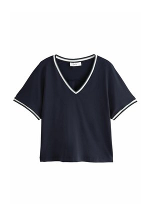Navyblauw T-shirt met korte mouwen, V-hals en witte bies op de kraag en mouwranden, losse pasvorm, casual stijl.