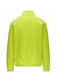 Giacca in pile verde lime con colletto alto e maniche lunghe, caratterizzata da una superficie liscia e una vestibilità comoda. Nessun hardware o motivo visibile.