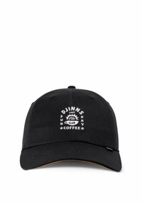 Svart baseballcaps med buet skjerm, med hvit brodert tekst: "DJINN'S LAZY SUNDAY CLUB COFFEE" og et solgrafikk.