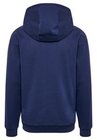 Mörkblå hoodie med en stor, justerbar huva, långa ärmar, ribbade mudd och midja. Slät tygtextur, minimalt synliga sömmar.