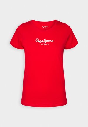 Červené bavlnené tričko s okrúhlym výstrihom, krátkymi rukávmi a bielou potlačou loga "Pepe Jeans LONDON" na prednej strane. Hladká textúra.