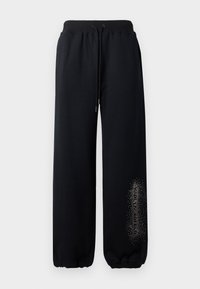 Μαύρα αθλητικά παντελόνια με ελαστική μέση, κορδόνι και σ gathered cuffs. Διαθέτουν σχέδιο κειμένου με λάμψεις στο αριστερό πόδι.