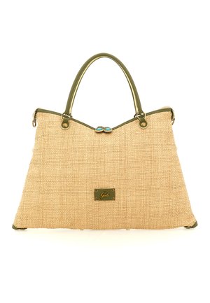 Borsa beige con trama, dettagli verde oliva, doppi manici e una chiusura decorativa con dettagli blu. Include una targhetta con il logo del marchio.