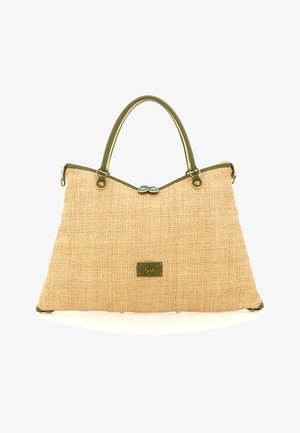 Borsa beige con trama, dettagli verde oliva, doppi manici e una chiusura decorativa con dettagli blu. Include una targhetta con il logo del marchio.
