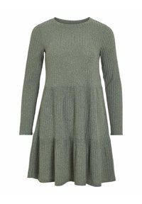 Robe en maille côtelée vert olive à manches longues, avec un col rond et un détail de jupe évasée à volants.