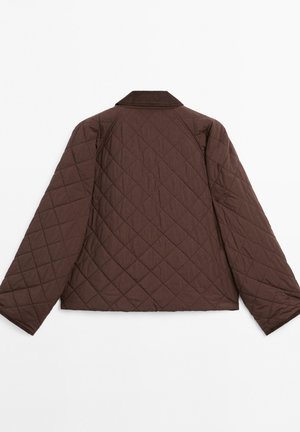 Brown quilted jacket featuring a diamond pattern, collar, and wide sleeves, with a solid texture and no visible fastenings on the back.