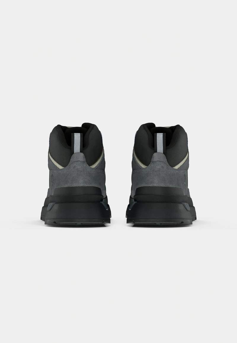 Pair of gray and black hiking boots shown from the back on a white background with reflective pull tabs on each heel.