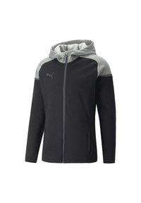 Sudadera negra con cremallera y acentos en gris en los hombros, fabricada en un tejido suave, con bolsillos tipo canguro y el logotipo de Puma en el pecho. Cuenta con capucha ajustable con cordón.