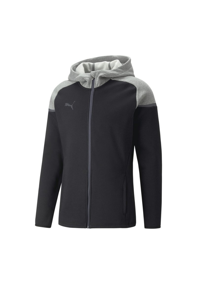 Sudadera negra con cremallera y acentos en gris en los hombros, fabricada en un tejido suave, con bolsillos tipo canguro y el logotipo de Puma en el pecho. Cuenta con capucha ajustable con cordón.