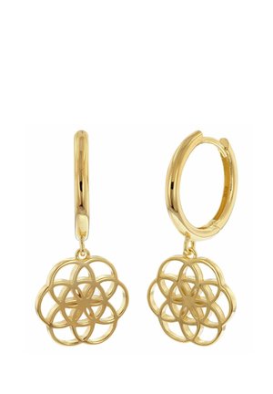 Goldene Creolen mit filigranen, offenen blumenförmigen Anhängern, die von jedem Ring hängen.
