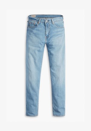 Hellblaue Jeans aus Denim mit geradem Schnitt, subtilen Verwaschungen, Fünf-Taschen-Stil und Metallknopfverschluss. Gleichmäßige Nähte und Saum.