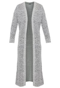 Lång kofta i ljusgrått, med öppen front och långa ärmar. Stickad struktur med blandade fibrer ger ett mjukt och mysigt utseende.