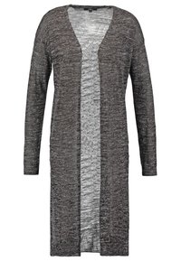 Cardigán largo en gris oscuro y gris claro jaspeado. Diseño de frente abierto con mangas largas, que destaca por su textura suave y ajuste relajado.