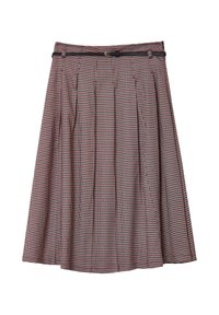 Una gonna plissettata in un motivo houndstooth rosso e nero, con una vita aderente e un sottile accento a cintura. Realizzata in tessuto texturizzato.