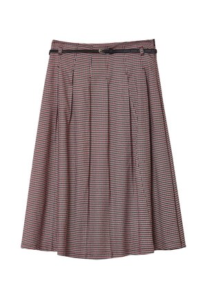 Una gonna plissettata in un motivo houndstooth rosso e nero, con una vita aderente e un sottile accento a cintura. Realizzata in tessuto texturizzato.