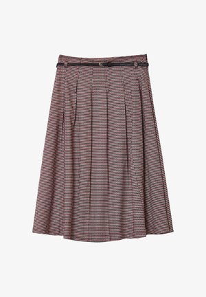 Una gonna plissettata in un motivo houndstooth rosso e nero, con una vita aderente e un sottile accento a cintura. Realizzata in tessuto texturizzato.