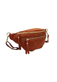 Banane en suède marron avec deux zips dorés, des accents de frange et une sangle detachable; texture douce et forme arrondie et compacte.