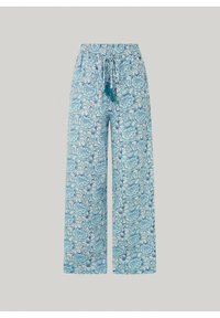 Svetle modré široké kalhoty s potiskem, které mají elastický pás se šňůrkami a tkanicemi. Květinový vzor v odstínech modré a bílé po celém povrchu.