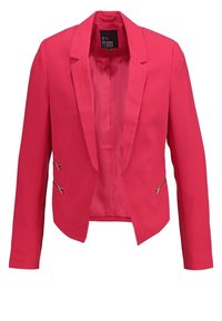 Blazer rosa con un tejido texturizado, diseño ajustado y dos bolsillos con cremallera. El interior está forrado, presenta un solapa muesca y un frente abierto.