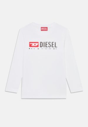 Bílá košile s dlouhým rukávem vyrobená z bavlny, se silným černým a červeným logem "DIESEL" s mírným třpytivým efektem. Jednoduchý design s kulatým výstřihem.