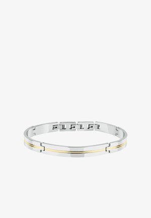 Bracciale d'argento con un design elegante, caratterizzato da una singola linea di accento in oro, realizzato in metallo lucido con una superficie liscia e riflettente.