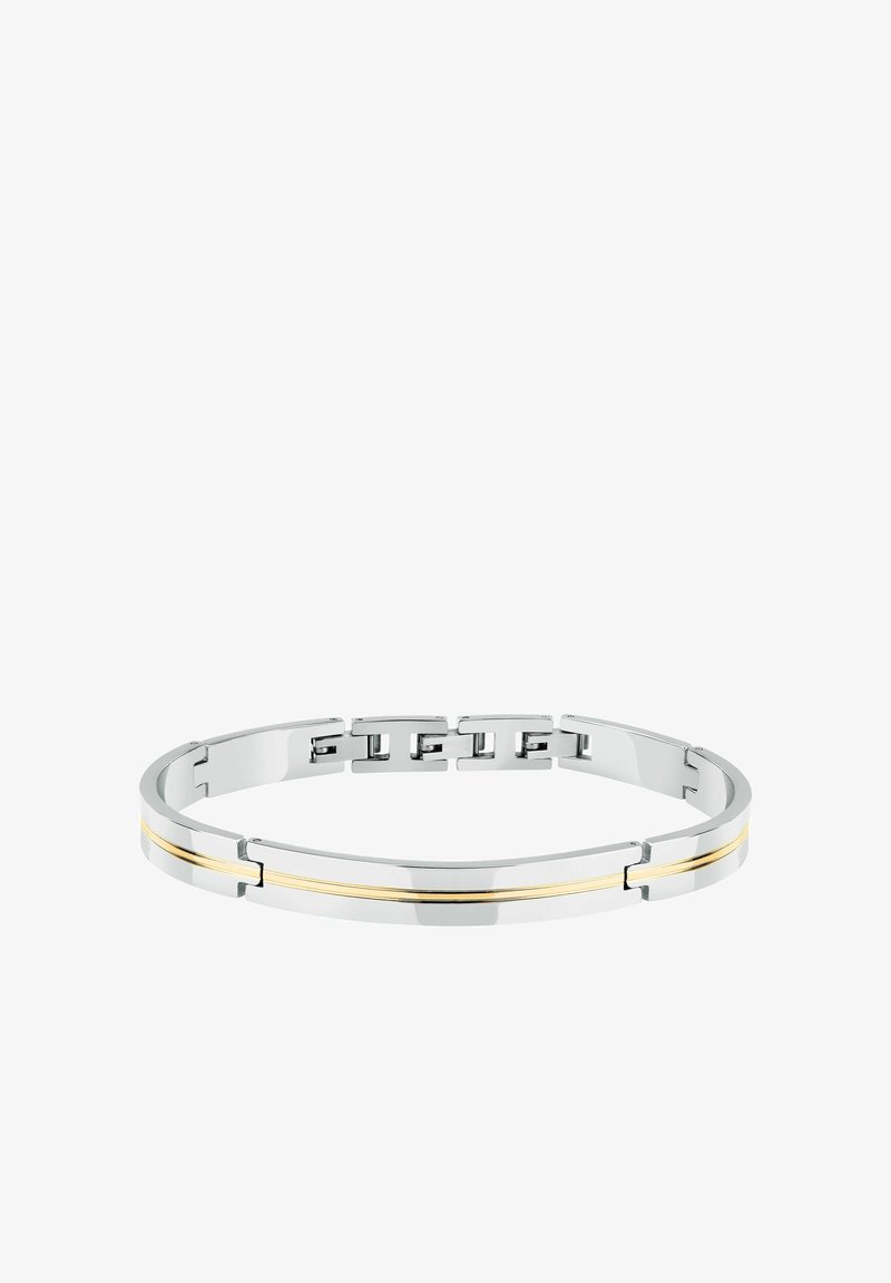 Bracciale d'argento con un design elegante, caratterizzato da una singola linea di accento in oro, realizzato in metallo lucido con una superficie liscia e riflettente.